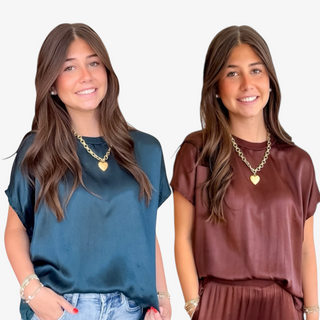 Michael Stars Flow Tee top in Rainforest green and Espresso brown, short sleeve silky blouse, casual chic women’s fashion