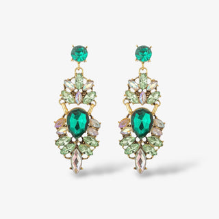 A pair of emerald green glass crystal embellished earrings with gold accents.