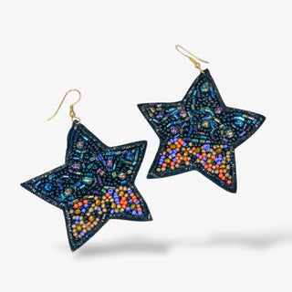 Black star earrings with black beads, iridescent accents, and colorful seed bead details on gold-tone hooks