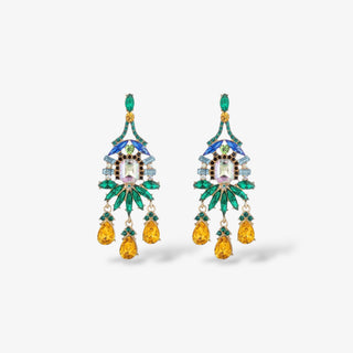 A pair of multicolored statement earrings with glass crystals and yellow dangling embellishments.