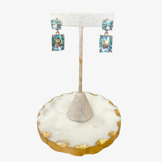 Aquamarine drop earrings with gold-plated setting featuring cushion and emerald-cut stones