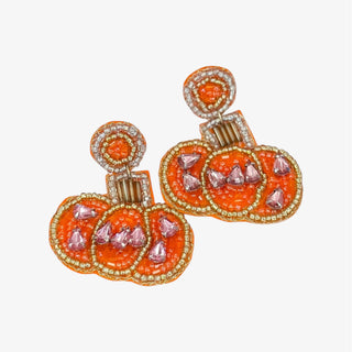 Orange beaded pumpkin earrings with rhinestone accents and gold trim