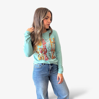 Sage green long sleeve t-shirt with sequin letters in Gobble Gobble Gobble