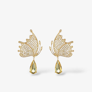 Golden Butterfly Earrings with pavé crystal wings and faceted golden teardrop stone