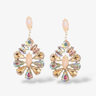 A pair of drop earrings featuring peach, blush, and champagne-toned crystals with a gold alloy base.