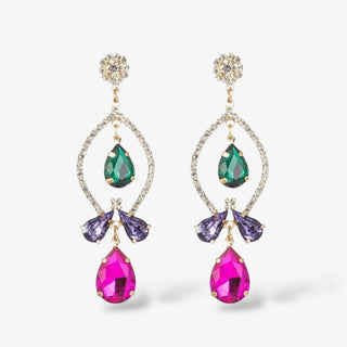 Colorful statement earrings with green, purple, and hot pink teardrop stones and gold crystal detailing