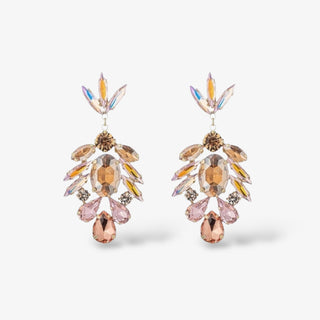 A pair of multicolored earrings featuring a mix of glass crystals and metallic elements, with a push-back closure.