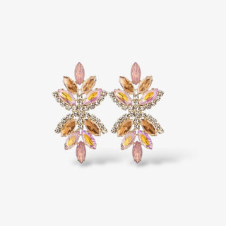 Statement crystal earrings with marquise-cut pink, amber, and champagne stones in a floral cluster design