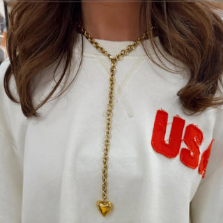 Gold bubble heart necklace on chunky Y-drop chain 