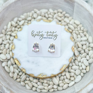 Gold teardrop crystal stud earrings displayed on Hoity Toity Boutique card