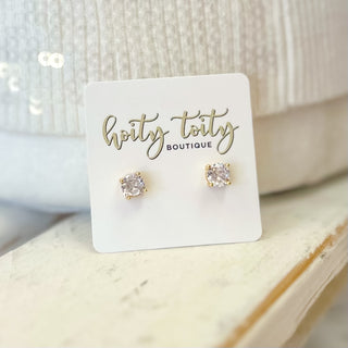 .5 carat diamond sparkle stud earrings in gold prong setting displayed on Hoity Toity Boutique jewelry card