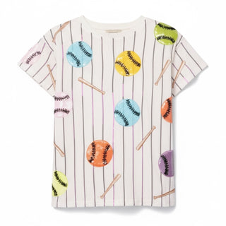 T-shirt with colorful baseball graphics on a white background