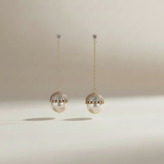 Pavé pearl chain drop earrings with crystal stud, delicate gold chain, and pearl drop with pavé cap for elegant bridal and formal statement jewelry