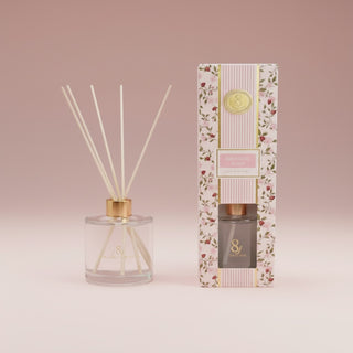 Botanical Berry reed diffuser set with packaging on a pink background