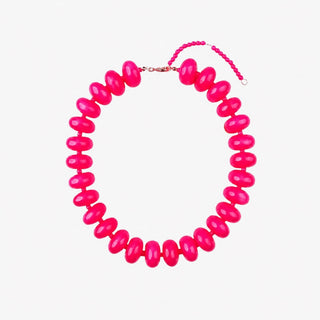 Hot pink chunky bead necklace, glossy oval bead statement necklace with adjustable clasp, product view on white background