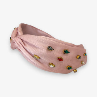 pink rhinestone headband knot style embellished multicolor gems dressy outfit front view