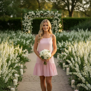 Pink ruffle mini dress with flowy fit and spaghetti straps holding bridal bouquet front view