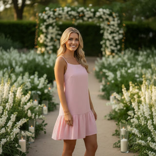 Pink sleeveless mini dress with ruffle hem and relaxed silhouette side profile view in garden setting