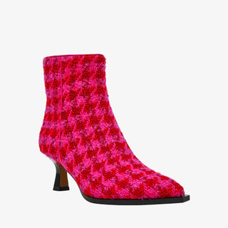 Betsey Johnson Louisa fuchsia houndstooth bootie with textured knit upper and mini sculpted heel