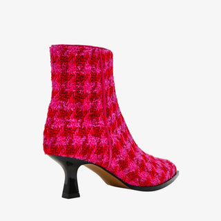Betsey Johnson Louisa fuchsia houndstooth bootie with textured knit upper and mini sculpted heel