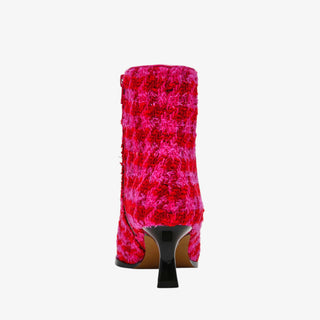 Betsey Johnson Louisa fuchsia houndstooth bootie with textured knit upper and mini sculpted heel