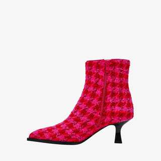 Betsey Johnson Louisa fuchsia houndstooth bootie with textured knit upper and mini sculpted heel