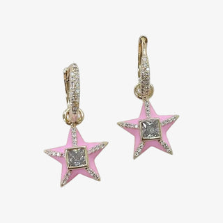 Star-shaped earrings with pink enamel and clear gemstones on a white background