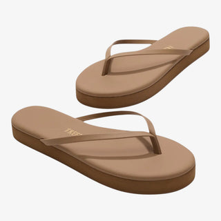 brown leather flip flop sandal minimalist strap design angled view
