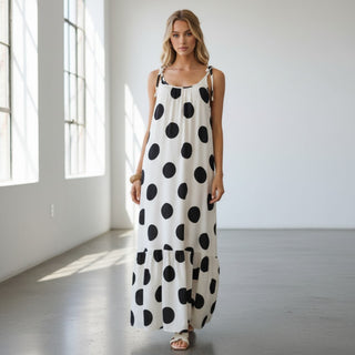 Polka Dot Maxi Dress | Sleeveless Flowy Tiered Dress Large Polka Dot Maxi Dress | Sleeveless Flowy Tiered Dress Large