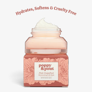 A jar of poppy & pout Pink Grapefruit Moisturizing Lip Mask with a white cream product visible at the top, set against a clean off-white background with promotional text reading 'Hydrates, Softens & Cruelty Free'.