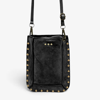 Pretty Simple Shelby Suede Phone Crossbody Bag in Black, close-up of suede texture, gold-tone studs and adjustable strap hardware.