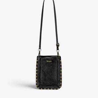 Pretty Simple Shelby Suede Phone Crossbody Bag in Black with gold studs and long adjustable strap, full front view.