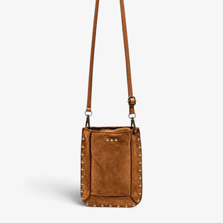 Pretty Simple Shelby Suede Phone Crossbody Bag in Camel with gold studs and long adjustable strap, front view.