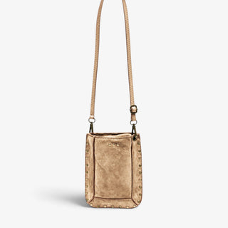 Pretty Simple Shelby Suede Phone Crossbody Bag in Taupe with gold studs and long adjustable strap, full front view.