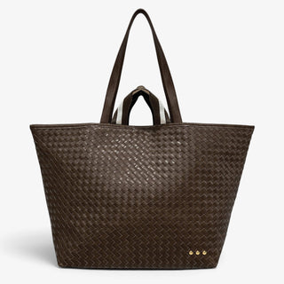 Pretty Simple Tiffany woven organizer tote bag in chocolate brown vegan leather with long shoulder straps and striped handles, front view.