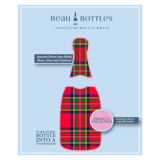 Plaid bottle wrap design with 'Beau Bottles' branding on a light blue background