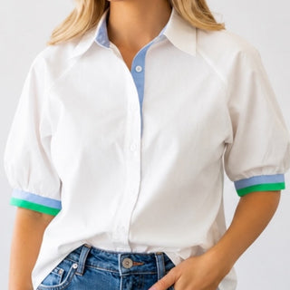 White Puff Sleeve Button Down Top with  accent green and blue stripe detailing on sleeves, and blue inlay of collar, up close view on model.