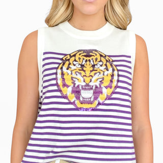 Queen of Sparkles LSU sequin tiger striped knit tank in purple and white, close-up detail view for game day outfits