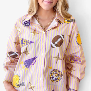 Queen of Sparkles LSU striped gameday long sleeve top with sequin football, tiger and megaphone patches, close-up front view