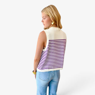 Queen of Sparkles LSU purple and white striped knit tank with ribbed trim, back view styled with cropped jeans for game day