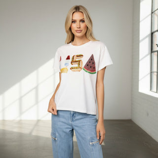 Queen of Sparkles USA graphic tee with sequin popsicle burger and watermelon design front view
