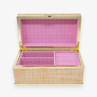 Lilly Pulitzer gold raffia jewelry box with pink velvet lined compartments for rings earrings and jewelry storage