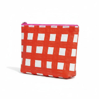 Red gingham Tyvek cosmetic bag with oversized check print front product view