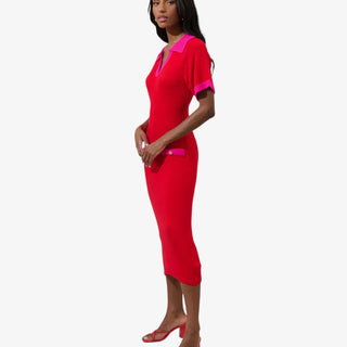 Collared ribbed midi sweater dress in soft knit fabric with long sleeves and v-neck collar, perfect for elevated cold-weather outfits.