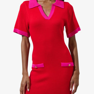 Collared ribbed midi sweater dress in soft knit fabric with long sleeves and v-neck collar, perfect for elevated cold-weather outfits.