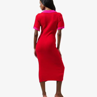 Collared ribbed midi sweater dress in soft knit fabric with long sleeves and v-neck collar, perfect for elevated cold-weather outfits.