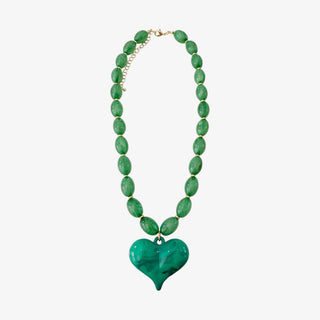 Green heart pendant necklace with glossy marbled heart charm and oval green beads front view