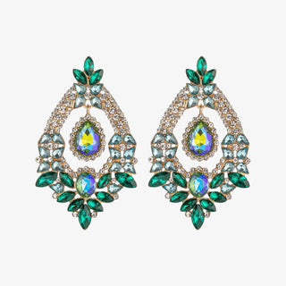 Emerald and aqua crystal teardrop statement earrings with iridescent center stones on a white background