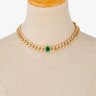 Camila 18K gold emerald collar necklace with pavé Cuban link chain and rectangular green center stone