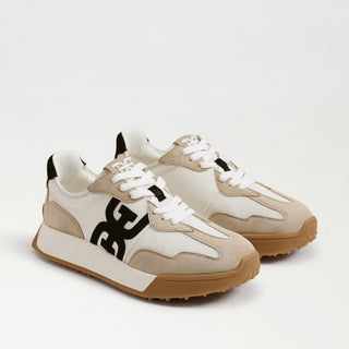 White tan and black retro sneaker pair with suede trim and gum sole front angled view
